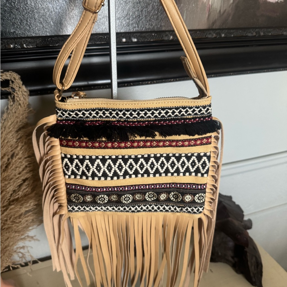 Bohemian Fringe Crossbody Bag - Tan and Black